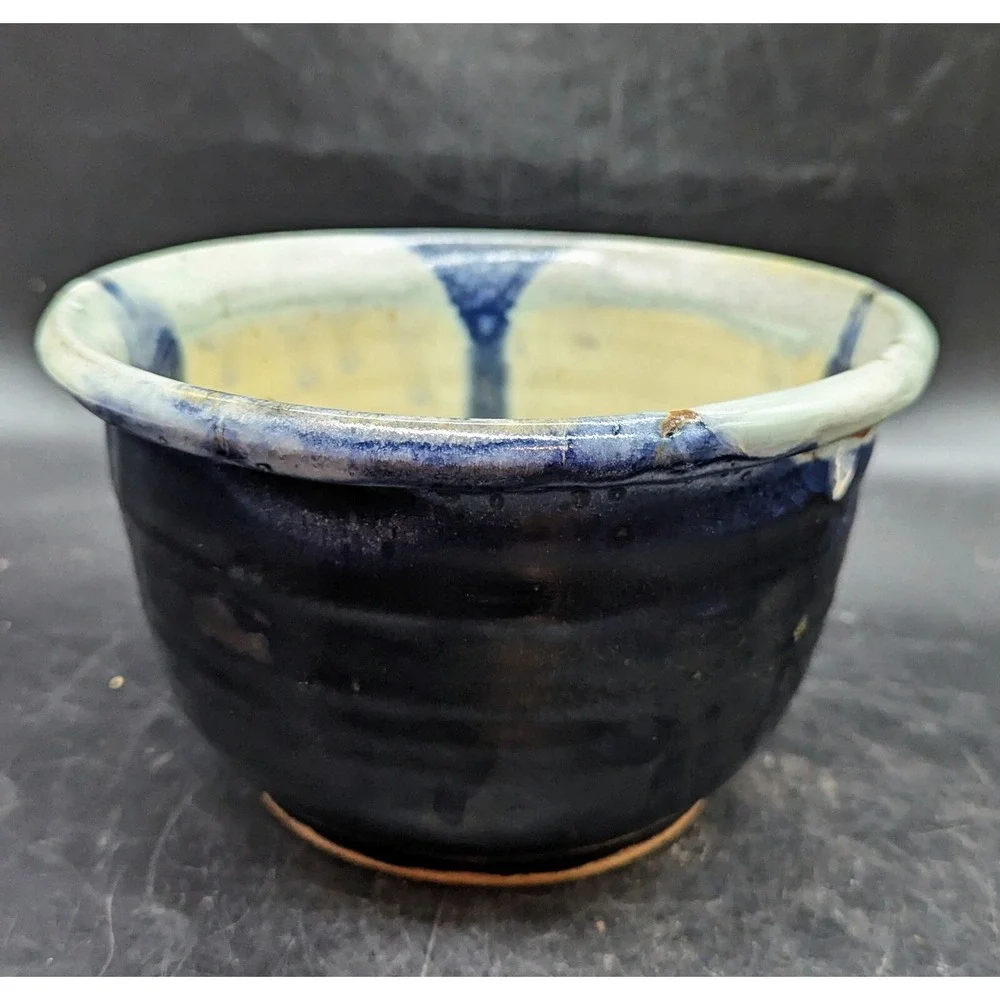 Vintage Handmade Studio Art Pottery Blue Drip Glaze Decorative Bowl Signed 7.5
